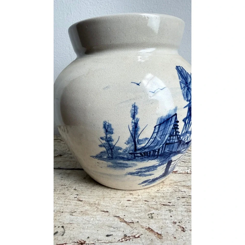 Vintage P.R. Storie Pottery Marshall TX Blue Windmill Farm Scene Crock